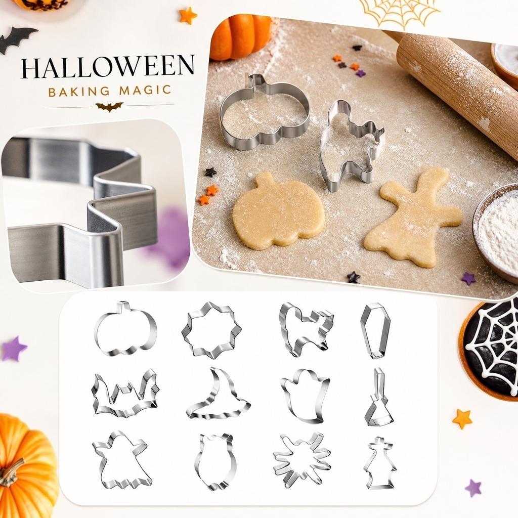 12 Pieces Halloween Cookie Cutters Set Stainless Steel Pumpkin Ghost Witch Hat Bat Spider Owl Coffin Crown Shape Baking Tools