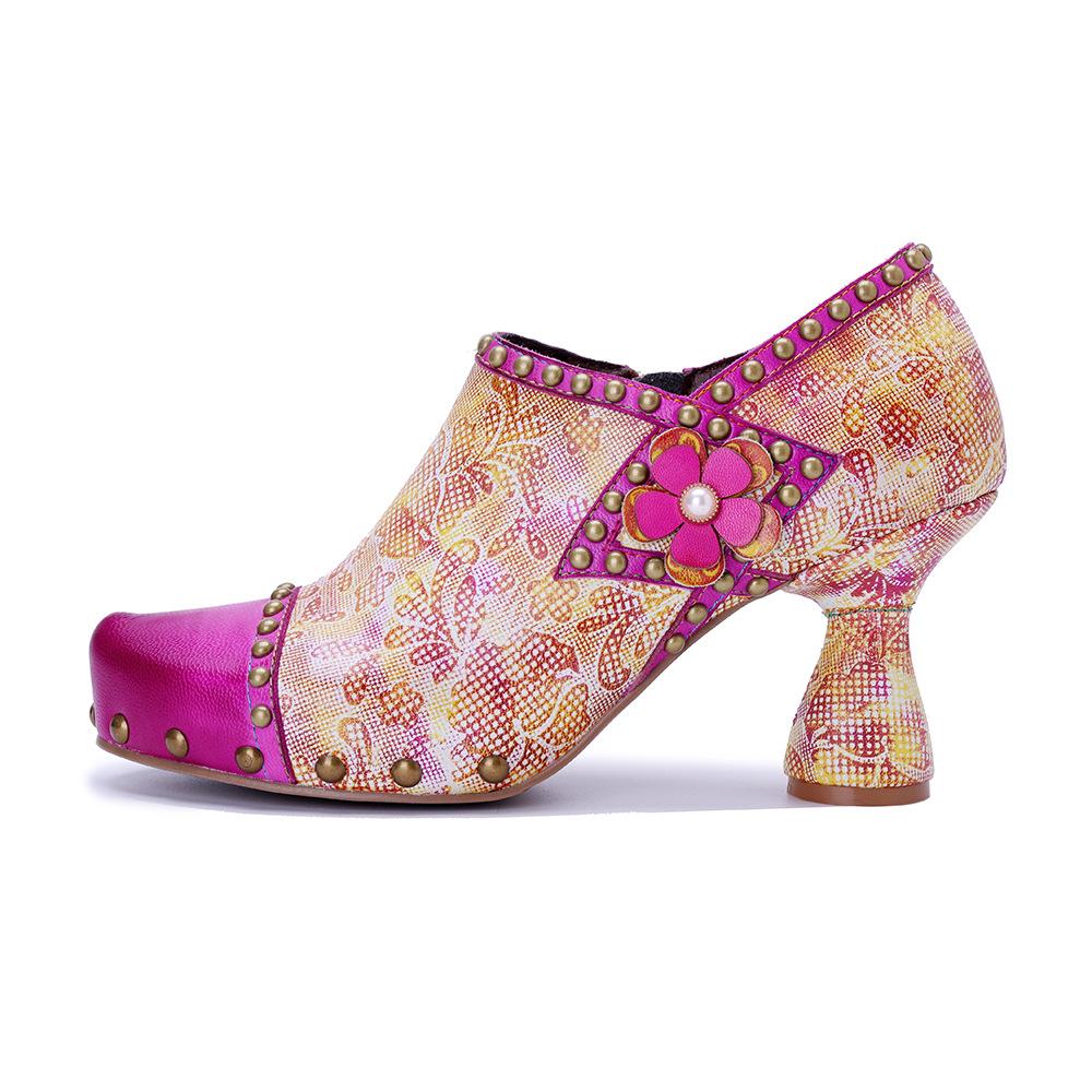 Johnature Pantofi cu toc înalt cu nituri, cu imprimeu retro, cu aplicații din piele naturală, pentru femei