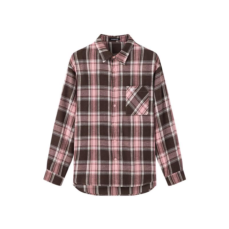 GROUND ZERO Unisex Letter Print Plaid Color-block Loose Shirt