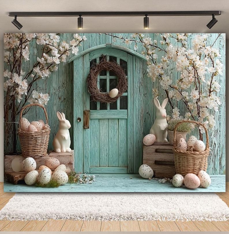 Spring Easter Photography Background Wood House Rabbit Eggs White Flower Kid Birthday Portrait Family Party Decor Photo Backdrop