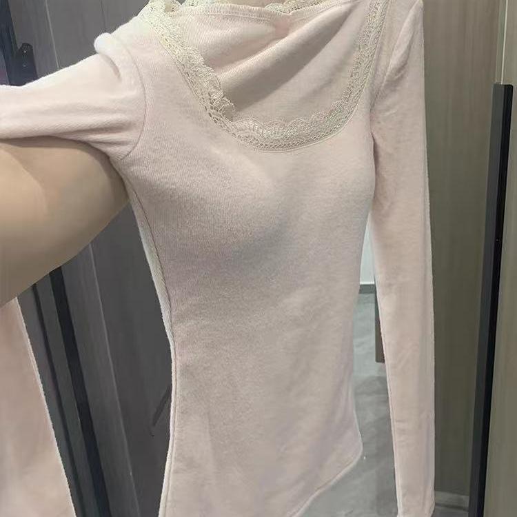 

Autumn Winter Plush Lace Trim Long Sleeve T-shirt with Chest Pads - Women s Soft Base Layer S (Recommended for 70-85 Jin) абрикосовый/белый