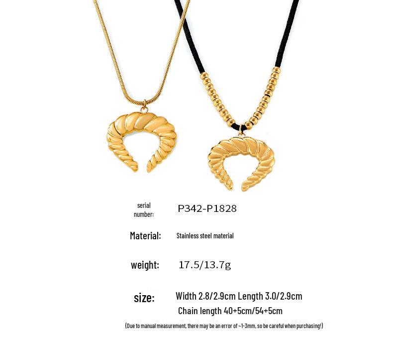 18K Gold-Plated Retro Horn Pendant Necklace with Ribbed Clavicle Chain - Non-Fading, European & American Individual Design.