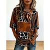 Women's Spring Summer 3D Printed Button Front Drawstring Retro Blouse, Brown Leopard Snake Heart Geometric Patchwork Top