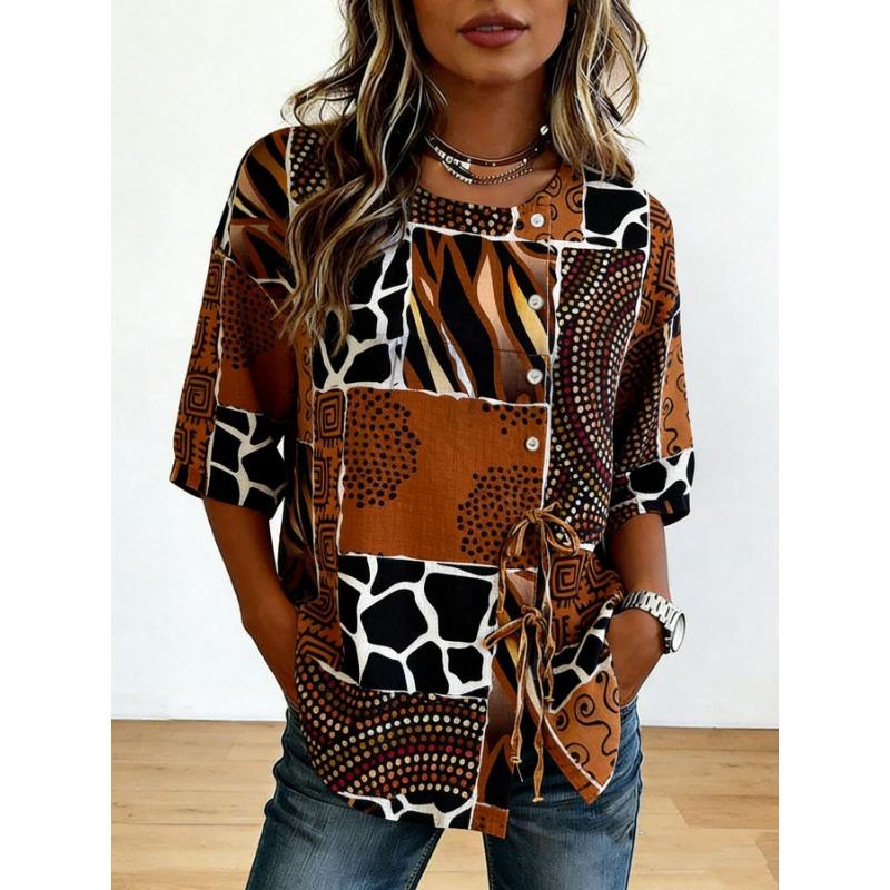 Women's Spring Summer 3D Printed Button Front Drawstring Retro Blouse, Brown Leopard Snake Heart Geometric Patchwork Top