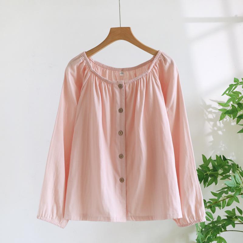Women's Pure Cotton Gauze Pajama Set - Spring/Summer, Long Sleeve, Nine-Point Pants, Loose Fit, Japanese Style, Solid Color.