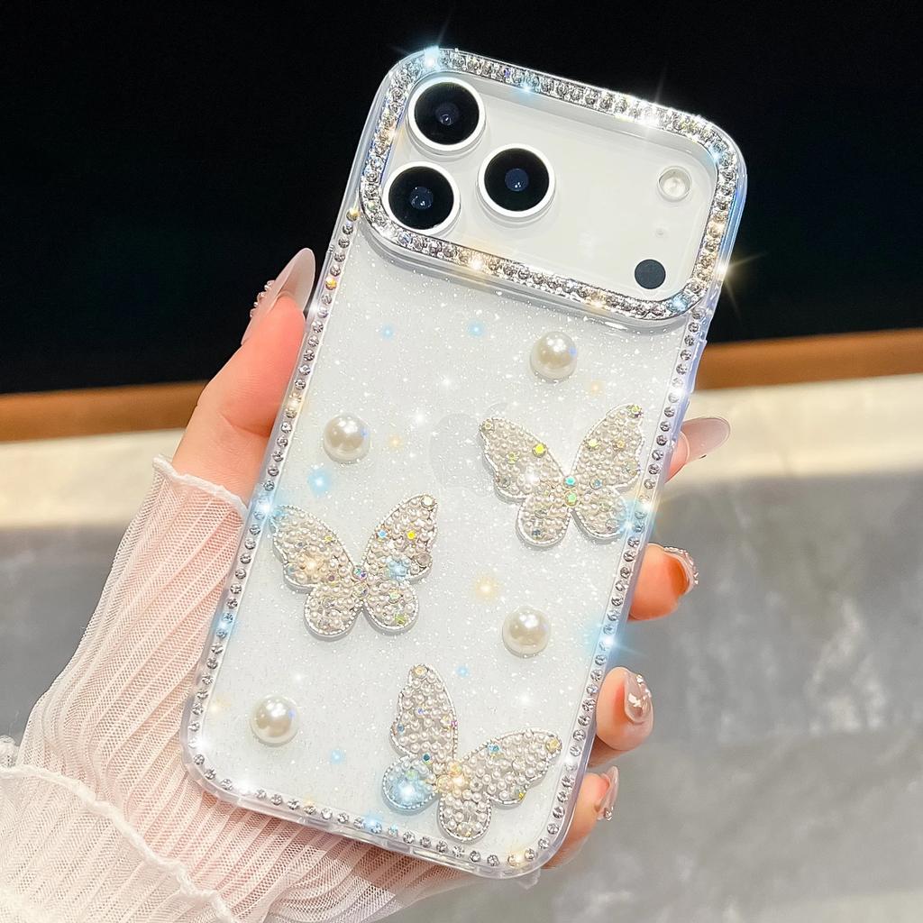 Jewelled Border Pearl Butterfly Glitter Phone Case for IPhone 17 Air 16E 17 16 15 14 13 Pro Max Transparent Cover