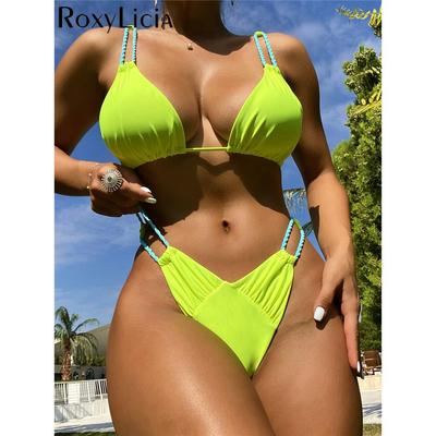 Sexy Neon Enrugado Tiras Altas Corte Biquíni Feminino Maiô Feminino Maiô Duas Peças Conjunto Biquíni Banhista Maiô Natação