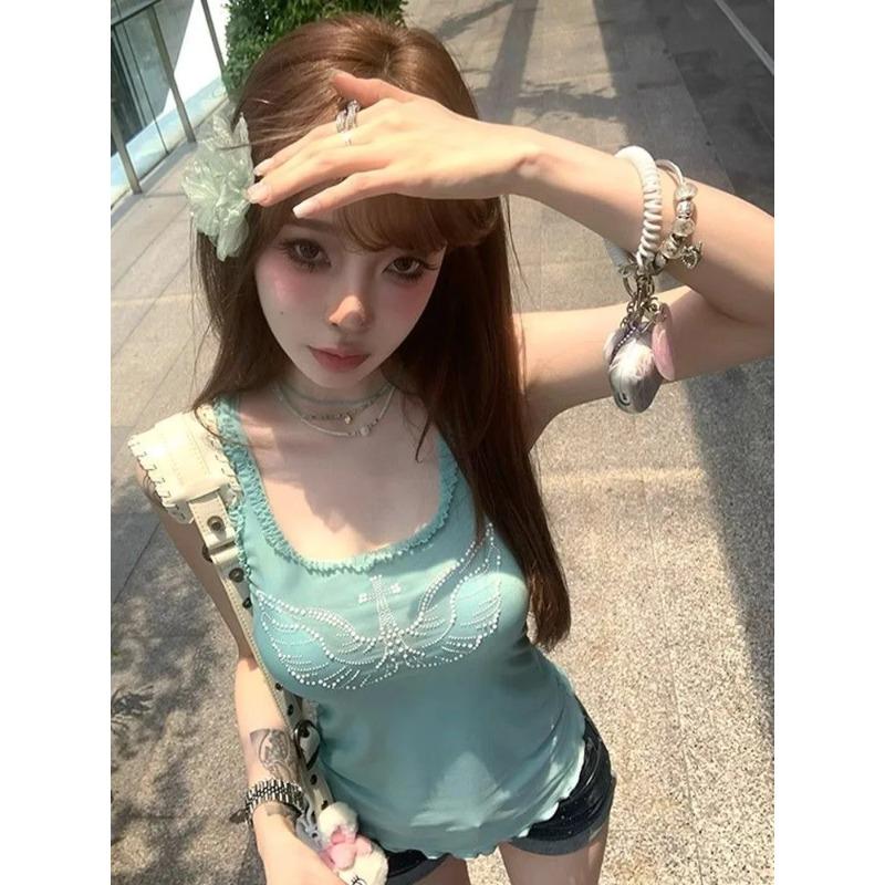 

Новинка 2024 года, сетчатая лоскутная майка, летние топы без рукавов Mujer Y2k E-Girl, облегающий белый жилет с бриллиантами для женщин XL озеро синий