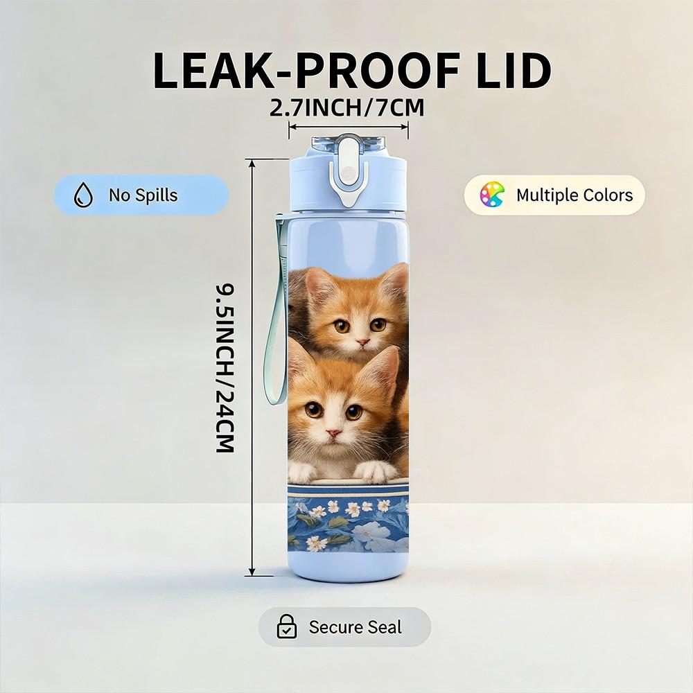 1PC Group Of Kittens Cute Print 750ml Color Plastic Sports Water Bottle Leakproof Flip Straw Lid Suitable for Sports Office Home Use