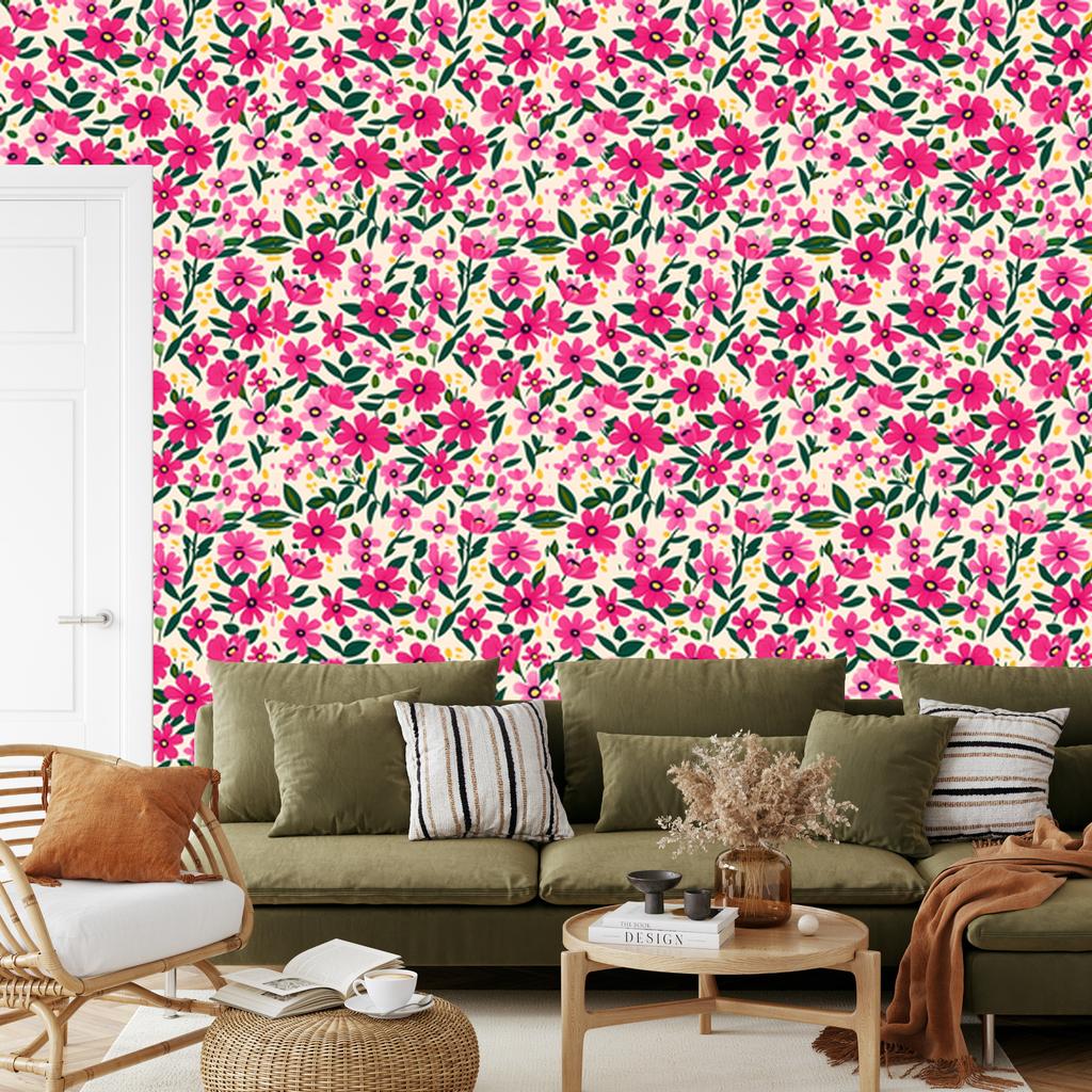 Wallpaper Flowers and Leaves Purple, Powder Pink and Cream 50x1000