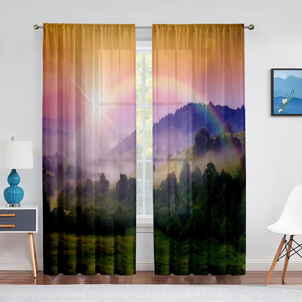 Idyllic Spring Meadow On The Mountains with Flowers Rainbow Sheer Voile Curtains for Living Room Kitchen Window Tulle Curtain