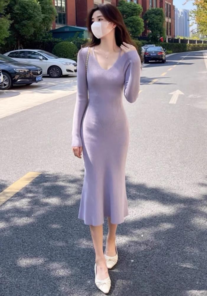 Knit Autumn Long Sleeve Camisole Long Knit Slimming Solid Elegant [Vilaria] Women's Dress, Dress, Dress, V-Neck, Winter, Effect, Color, Stylish,