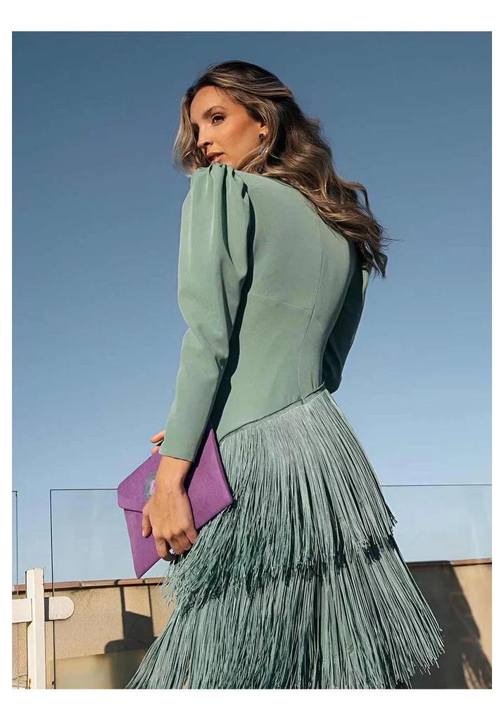 Nuovo completo moda europeo e americano autunnale, nuovo su Instagram, vestito aderente con frange a V profonda