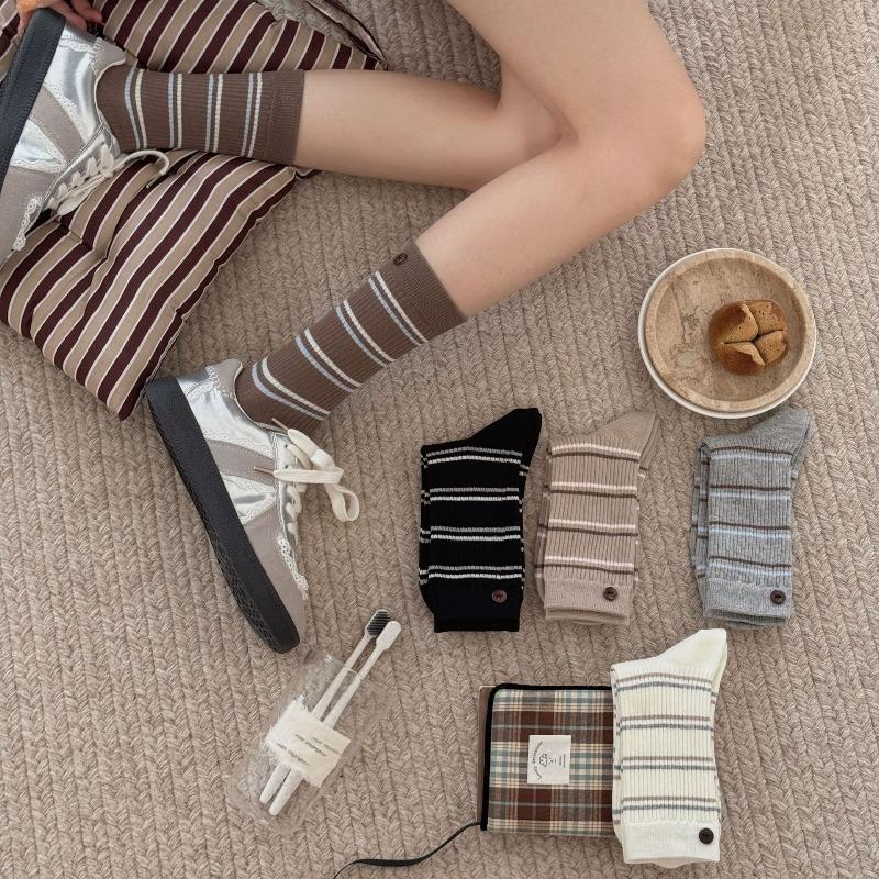 Autumn and Winter Micro-pressure Anti-pilling Boneless Pure Cotton Pile Socks, Personalized and Trendy Button School Style Thigh-high Socks