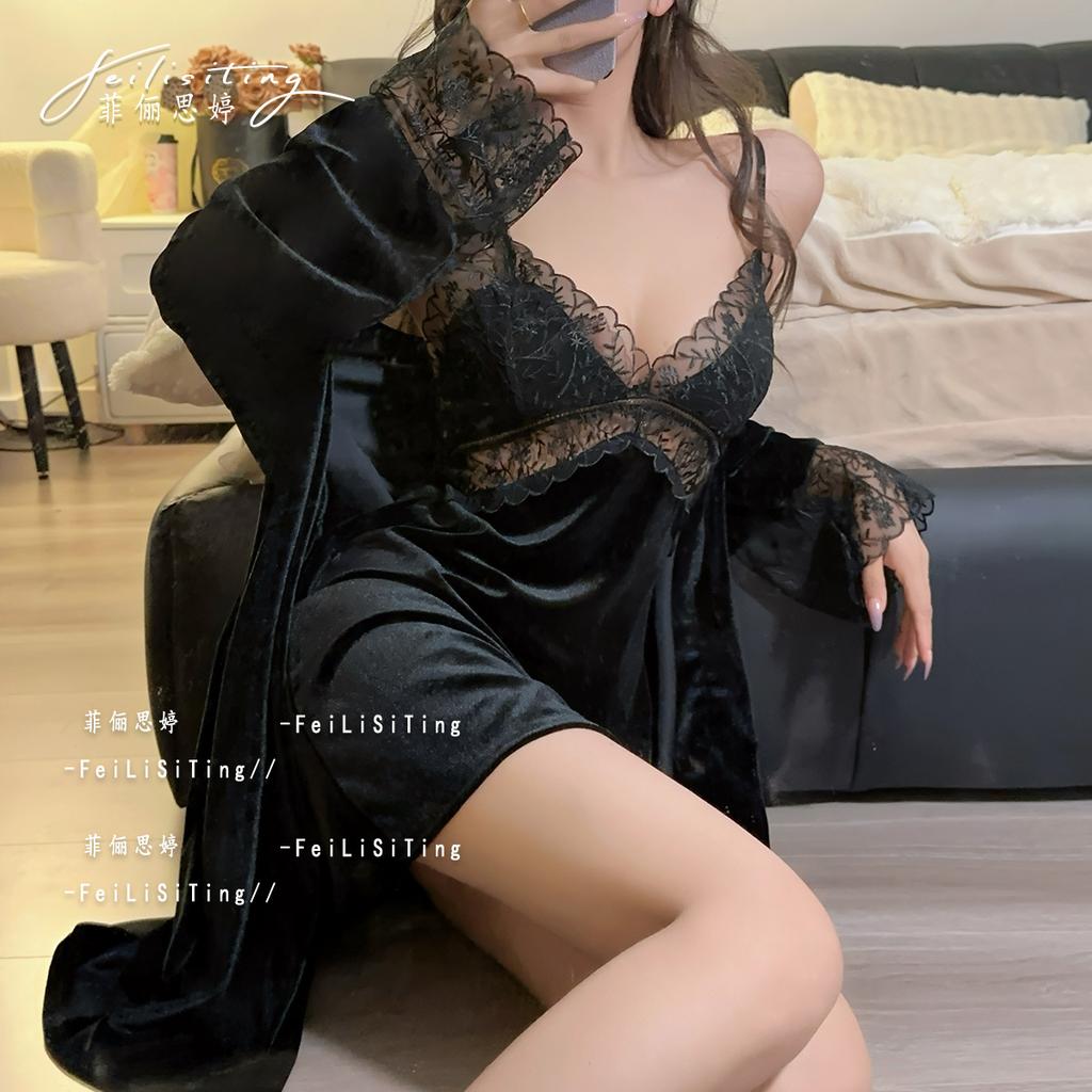 Sexy pajamas women's golden velvet autumn and winter lace with chest pad suspender nightdress hot pure desire style autumn
