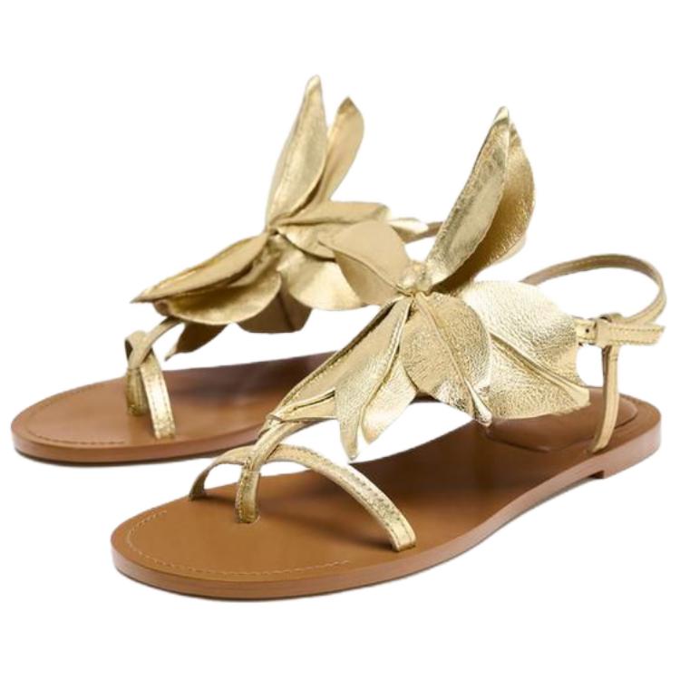 Zara Sheepskin Floral Decor Flat Sandals Women sandals Gold 3612510253