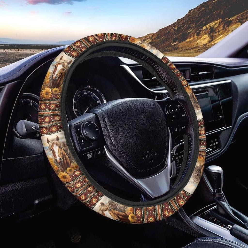 15inch Cow Sunflower Auto Steering Wheel Cover for Women Men Sunflower Lover,Brown Cowhide Steering Wheel Cover Protector Accessory Elastic and Anti