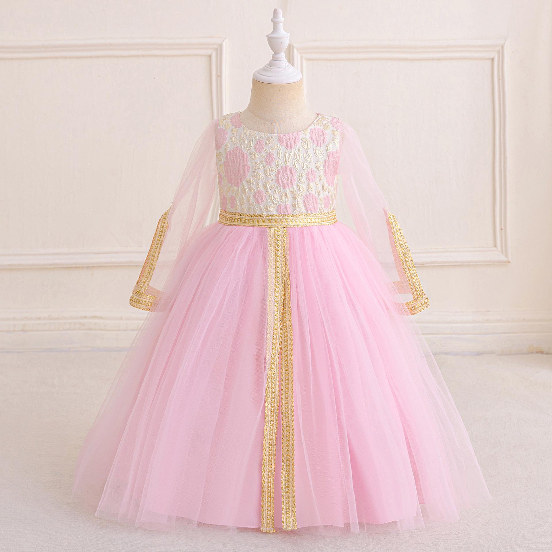 

Ближневосточное мусульманское сетчатое бальное платье с золотой нитью, с разрезом и длинными рукавами 130cm/6Y светло-розовый