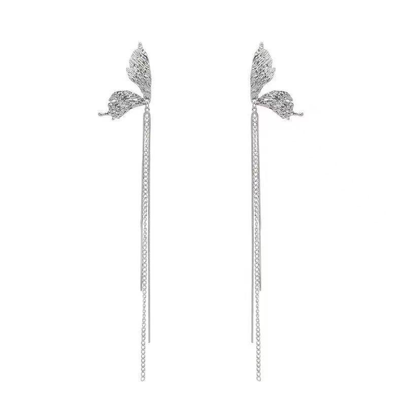 925 Sterling Silver Long Tassel Butterfly Earrings for Women - High-End Metallic Cool Style
