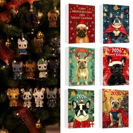 Fun Holiday Surprise Toys Bulldog Advent Calendar 2026, 24 Days Acrylic Puppy Ornaments Christmas Countdown Calendar, Tree Hanging Decor 2D