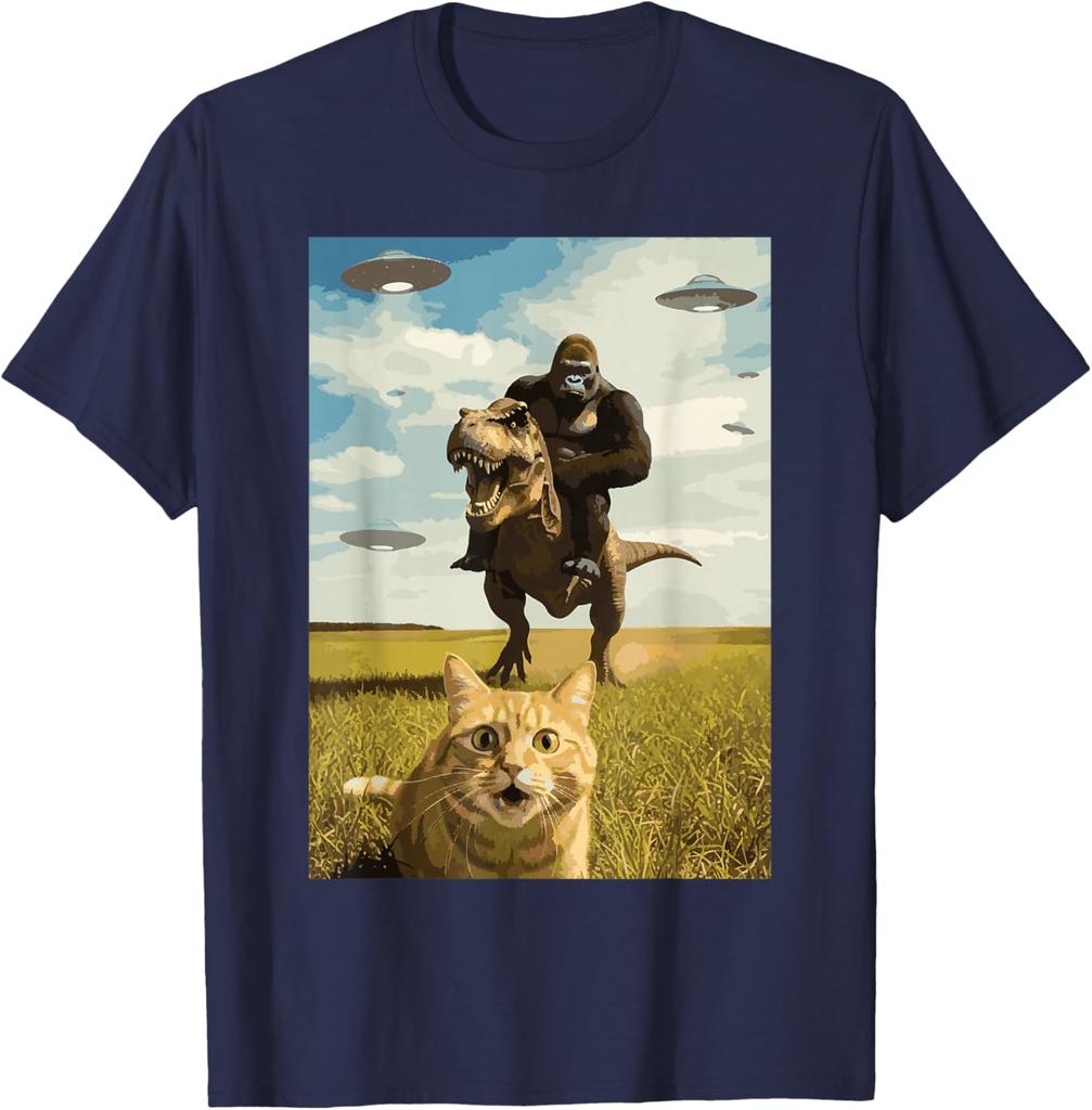Gorilla Riding T Rex with Cat UFO Meme Graphic Tee Funny Casual Crewneck TShirt for Men