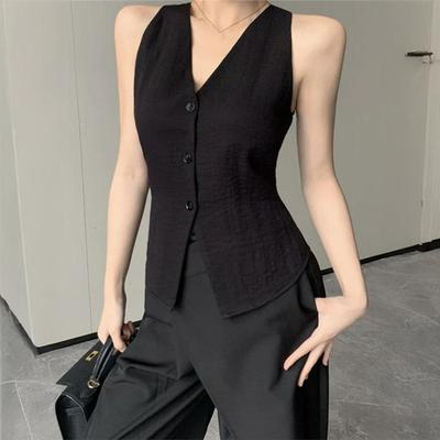 Damen Neckholder V-Ausschnitt Weste Rückenfrei Einreihig Ärmellose Weste Asymmetrischer Saum Westenoberteil Sommer Casual Weste