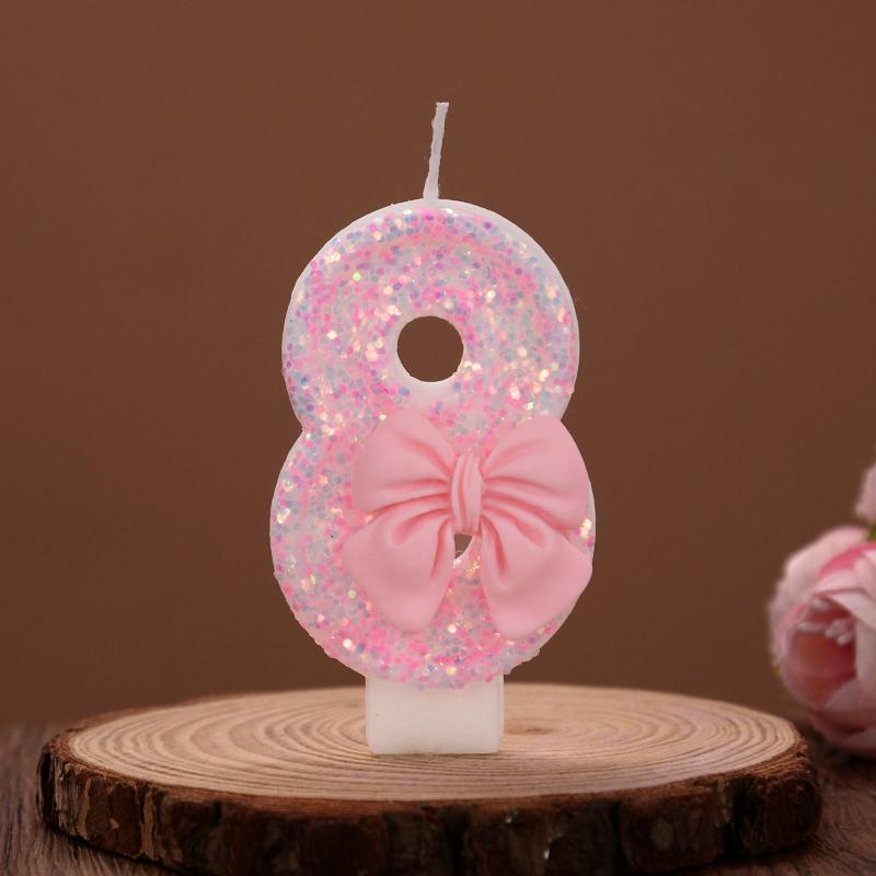 Cute Pink Bow Cake Number Candles Glitter 0-9 Digital Cake Toppers Kids Girls Birthday Party Cupcake Dessert Decoration Favors