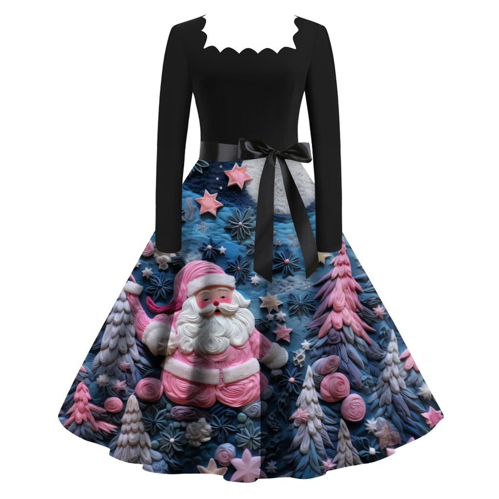 Women's Fashion Retro Long-sleeved Square Collar Christmas Printed Evening Dress