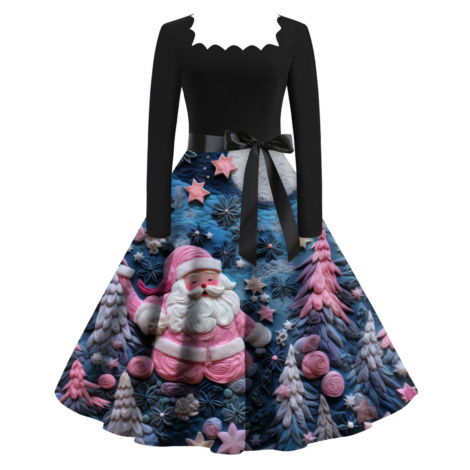 

Женское модное ретро вечернее платье с длинным рукавом, квадратным вырезом и рождественским принтом S синий