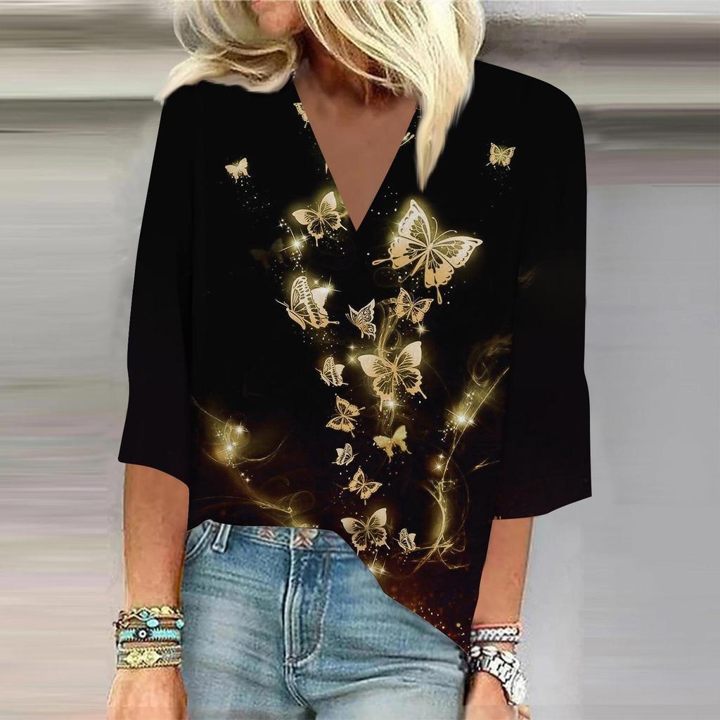 Women's Shirt Blouse Casual Loose Shirts 3/4 Sleeve Print V Neck Tops Print Tops T-shirts Tee