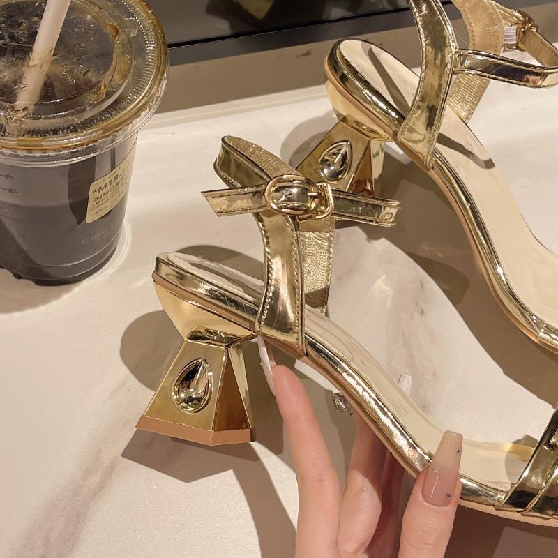 Leather Thick Heel Sandals Women's Summer New Mid-heel Fashion Rhinestone Versatile Skirt Temperament High Heels