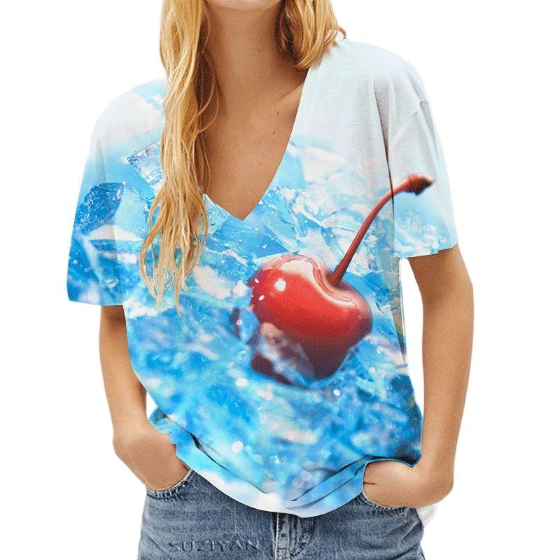 

Fashion Spring Fruit Print Blouses Short Sleeved V-Neck T Shirts Casual 8XL сірий