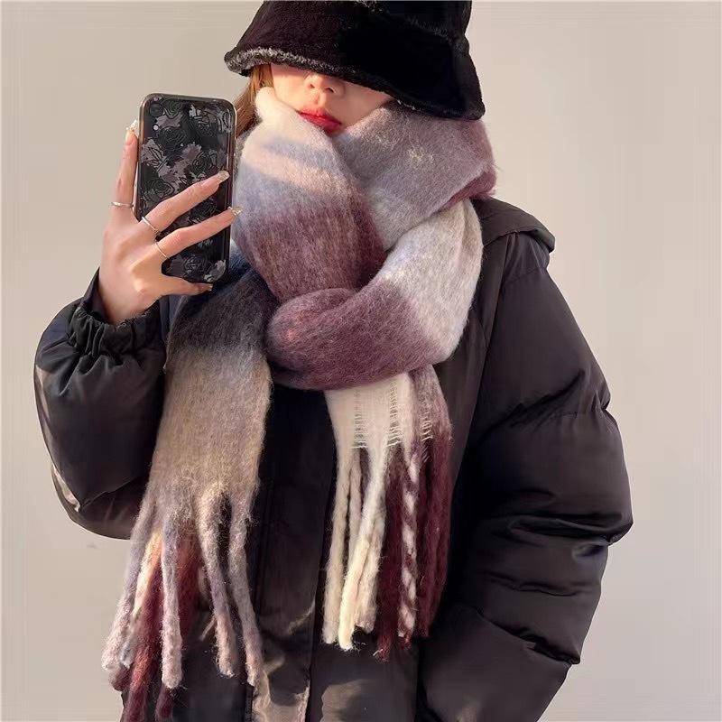 Maillard Plaid Thermal Scarf Women's Autumn and Winter Korean Version of Senior Students Thickened Cold-proof Coffee Scarf Shawl