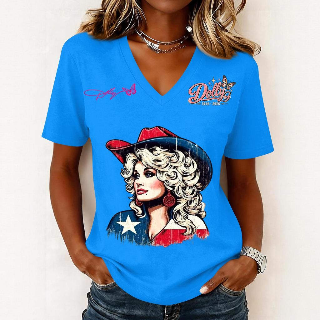 Women's Trendy Casual V-Neck Short Sleeve Letter Print Pullover Top for Everyday Wear