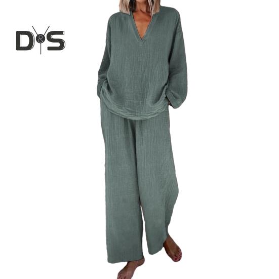 

Женский свободный комплект из 2 предметов: топ с длинным рукавом и V-образным вырезом, широкие брюки с карманами, повседневная домашняя одежда, спортивный костюм 2XL зелёный