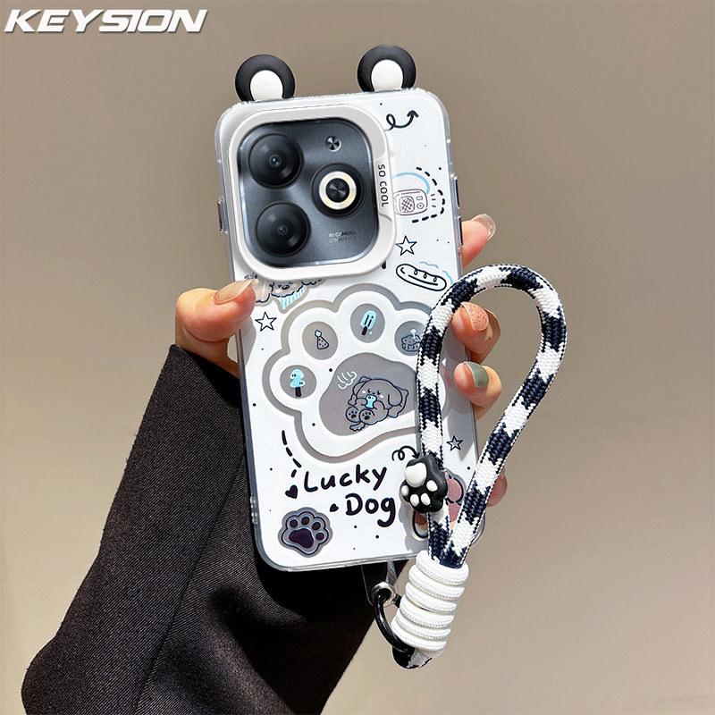 KEYSION Cute Ear Cartoon Case for Infinix Hot 40i with Lanyard Soft Silicone+PC Shockproof Phone Cover for Infinix Smart 8 HD
