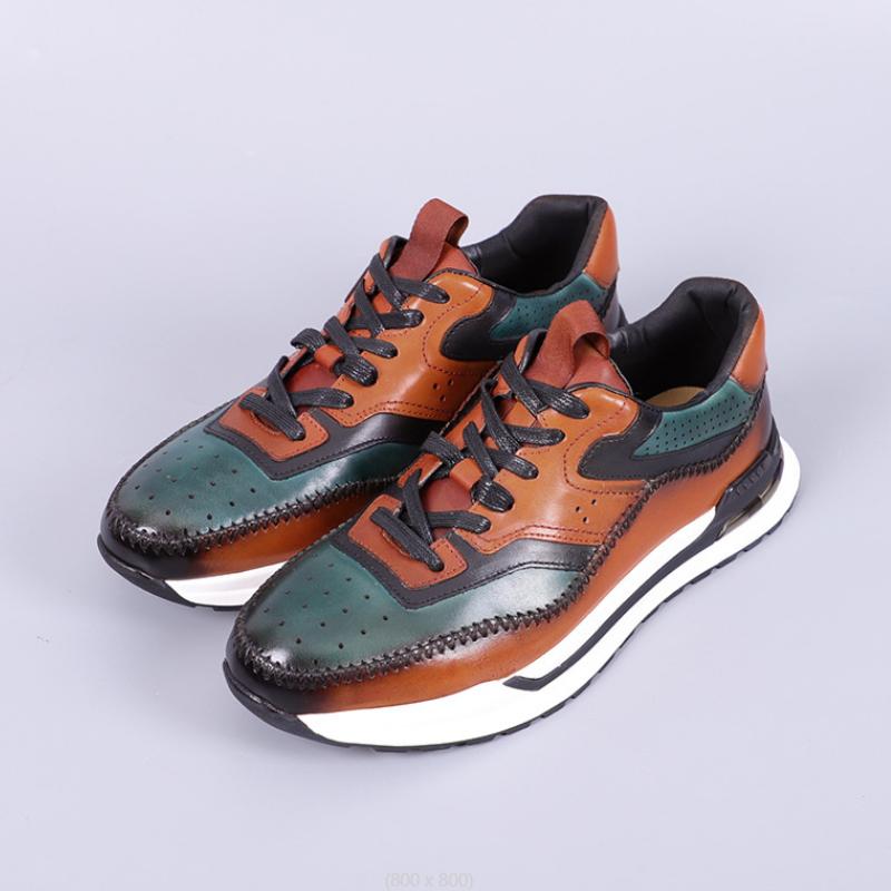 France Luxury Men Casual Sneaker Soild Brown  Sports Style Daily Lace-up Genuine Leather Flat Derby Shoes B16