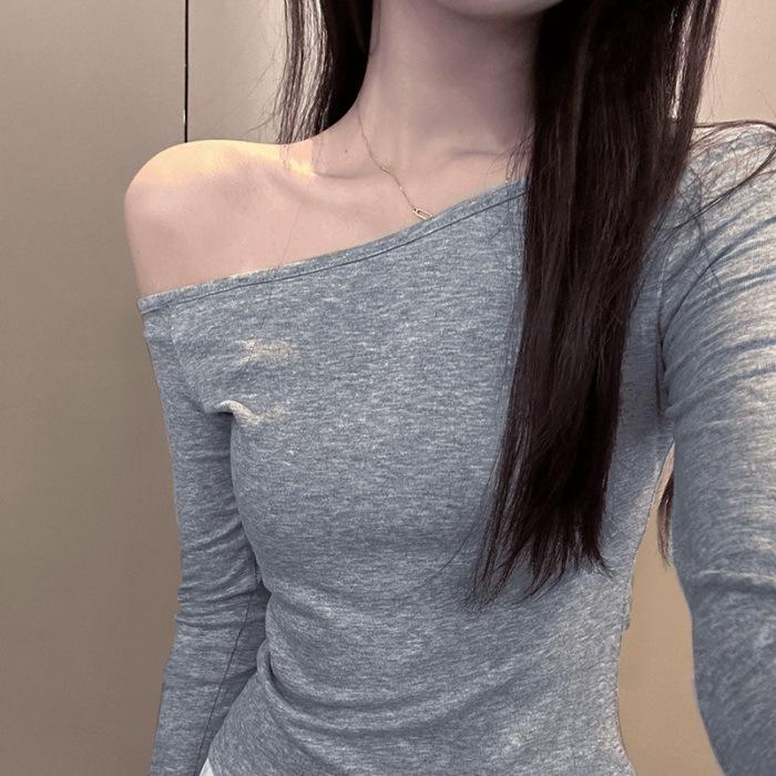 Pure Lust Style Thin Slanted Shoulder Long-sleeved T-shirt Women's Autumn New Lazy Slack Spice Slim Top