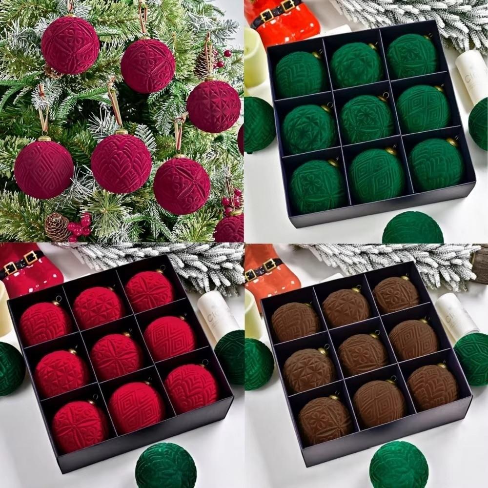 9pcs 10cm Christmas Hanging Balls Flocking Vintage Velvet Christmas Balls Shatterproof Plastic Xmas Tree Pendant