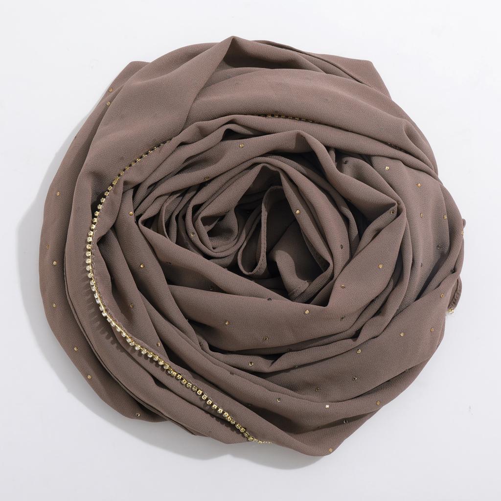Fashion Hot Sale High-Quality Pearl Chiffon Rhinestone Chain Scarf Shawl Muslim Women Hijab Ethnic Headscarf