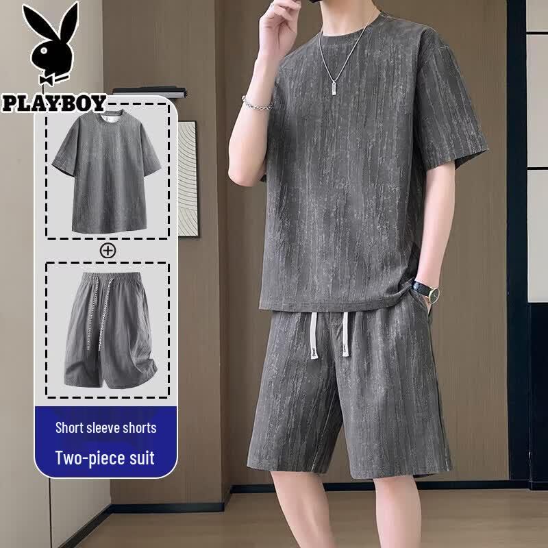 PLAYBOY Men s Jacquard Ice Silk Casual Two-Piece Set 4XL