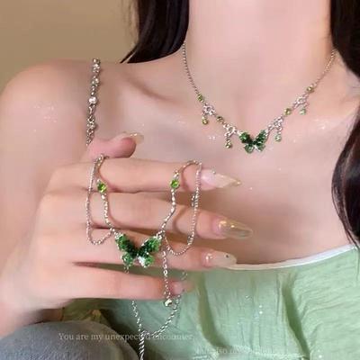 Green Zircon Butterfly Necklace Accessories Women's Collarbone Chain Neck Chain Light Luxury Niche