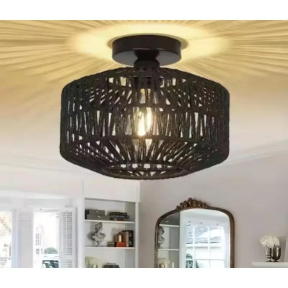 

Черная люстра в стиле французского фермерского дома, ретро, ручной работы, абажур из соломы и джута, железный каркас, деревенское потолочное освещение для спальни, гостиной NO BULB чёрный