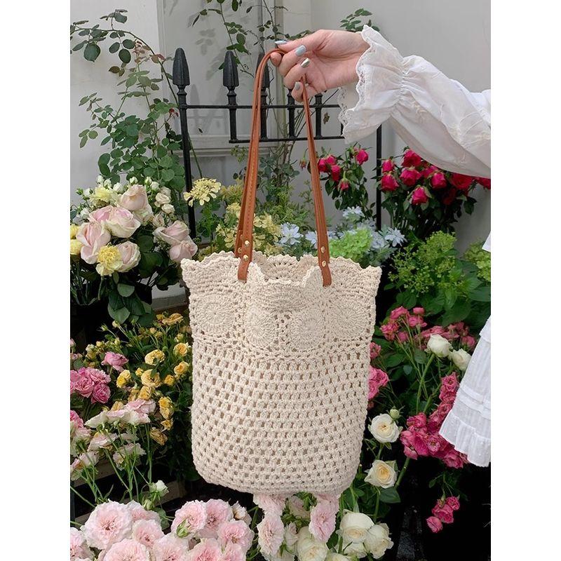 Large Capacity Shoulder Cotton Woven Bag Women 2025 New Hollow Mesh Tote Bag Seaside Vacation Beach Bag