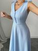 2025 Spring/Summer Blue Sleeveless Midi Dress with Bow and Button Waist