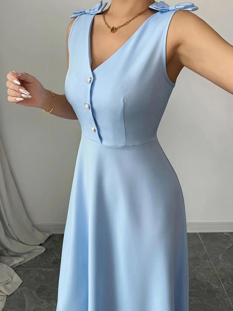 2025 Spring/Summer Blue Sleeveless Midi Dress with Bow and Button Waist