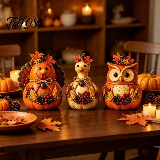 Seasonal Autumn Shelf Display 3PCS Rustic Harvest Wooden Ornaments, Animal Designs Retro Small Pumpkin Figurines Distressed Farmhouse Crafts,