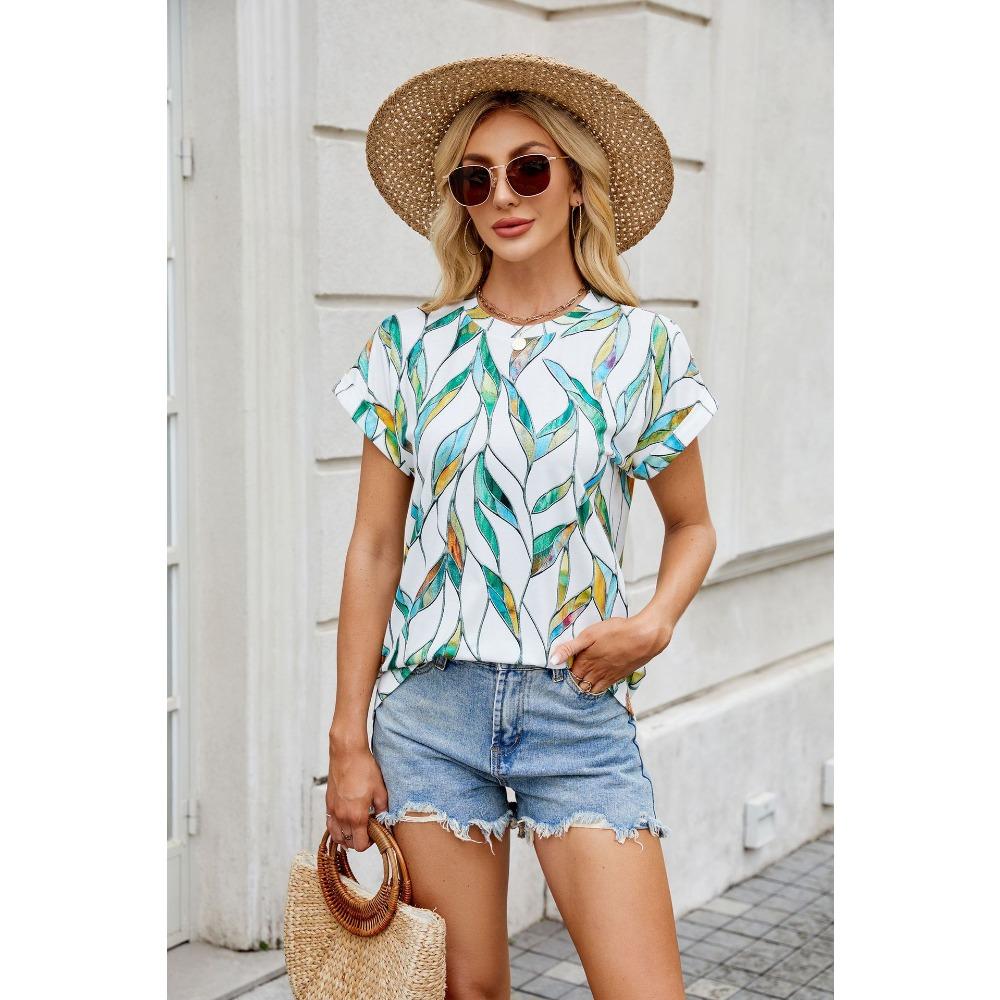 Summer Printed Round Neck Loose Short Sleeved T-shirt Casual Versatile Top for Women