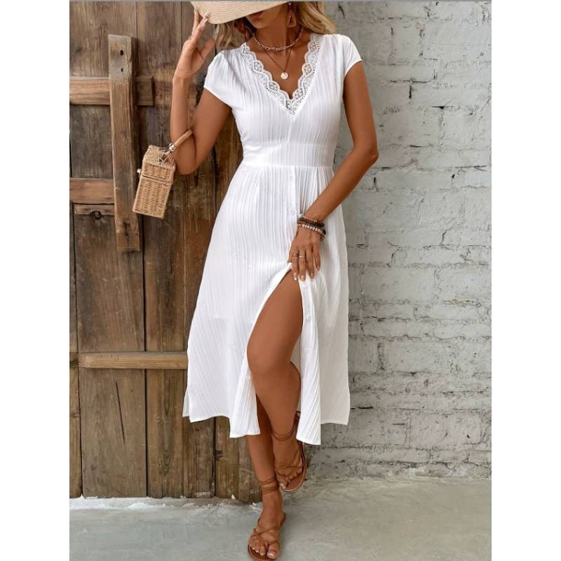 Polyester Lace V Neck Dress With Short Sleeves For Summer Casual Womens Fashion