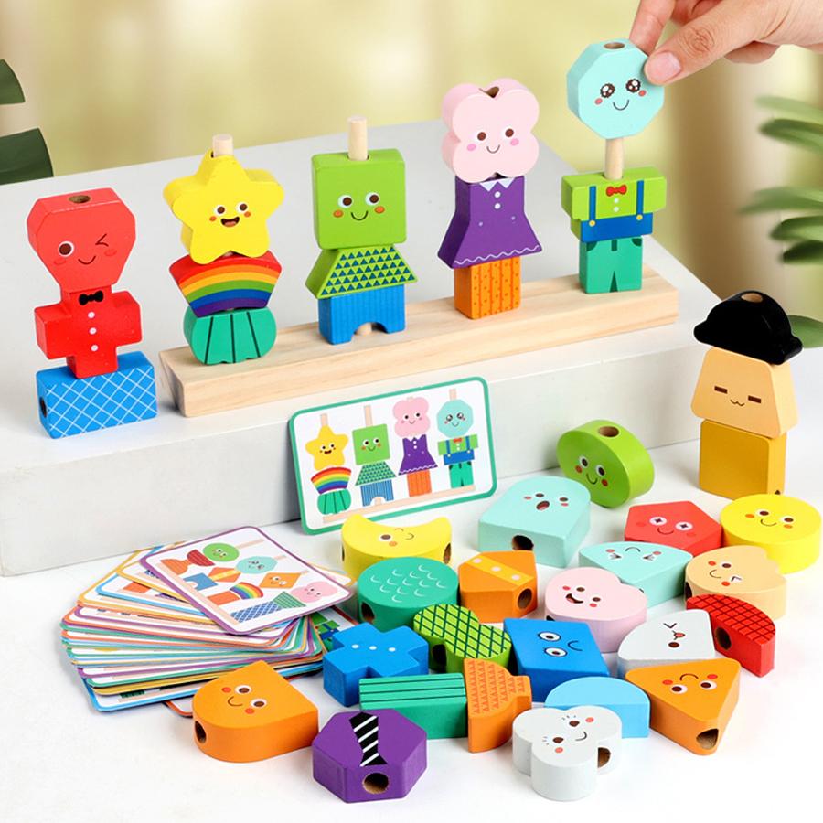 40pcs Building Blocks 30 Cards Wooden Expression Set Bead String Attention Training Toy for Kids Logical Skills Christmas Gifts